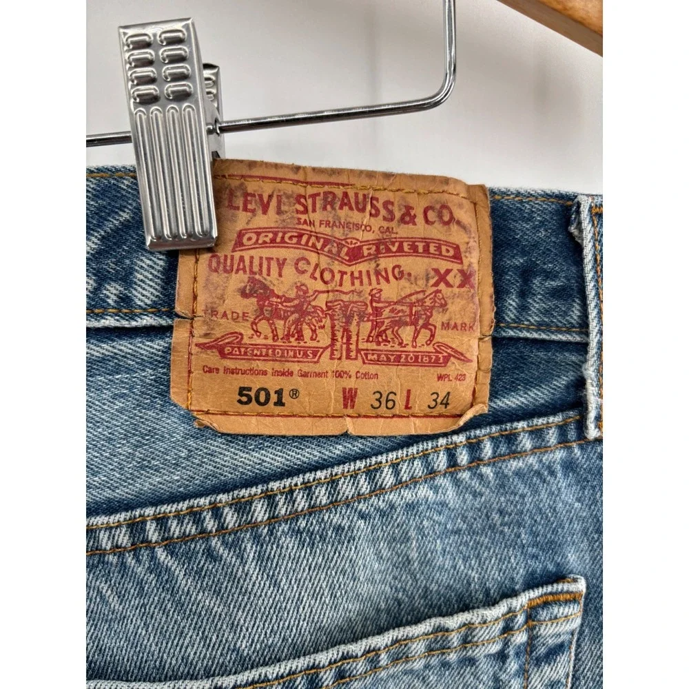 Levis 501 Mens 36x34 Y2KEra 2000's Light Distressed Tradesman Faded Blue Denim